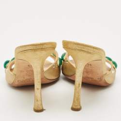 Pre Owned Jimmy Choo Gold Texture Suede Crystal Embellished Slide Sandals Size 36.5