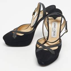 Pre Owned Jimmy Choo Black Glitter and Suede Platform Ankle Wrap Pumps Size 37