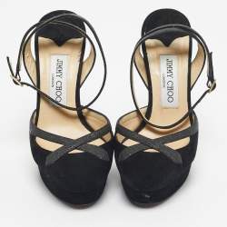 Pre Owned Jimmy Choo Black Glitter and Suede Platform Ankle Wrap Pumps Size 37