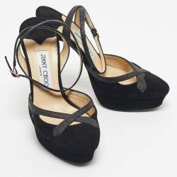 Pre Owned Jimmy Choo Black Glitter and Suede Platform Ankle Wrap Pumps Size 37