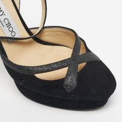 Pre Owned Jimmy Choo Black Glitter and Suede Platform Ankle Wrap Pumps Size 37