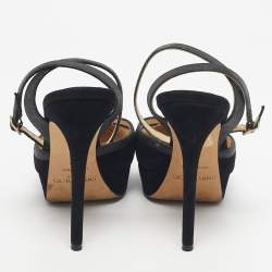 Pre Owned Jimmy Choo Black Glitter and Suede Platform Ankle Wrap Pumps Size 37