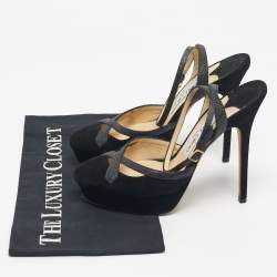 Pre Owned Jimmy Choo Black Glitter and Suede Platform Ankle Wrap Pumps Size 37