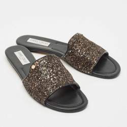 Pre Owned Jimmy Choo Bronze Glitter Nanda Flat Slides Size 41.5