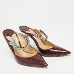 Pre Owned Jimmy Choo Burgundy Croc Embossed Leather Bing 100 Mules Size 40