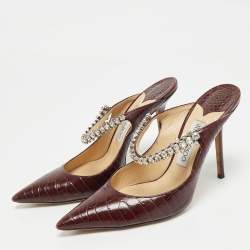 Pre Owned Jimmy Choo Burgundy Croc Embossed Leather Bing 100 Mules Size 40