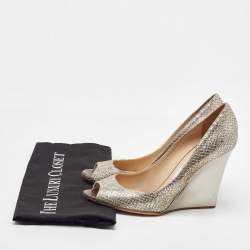 Pre Owned Jimmy Choo Metallic Coarse Glitter Baxen Peep Toe Wedge Pumps Size 39