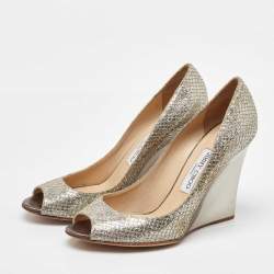 Pre Owned Jimmy Choo Metallic Coarse Glitter Baxen Peep Toe Wedge Pumps Size 39