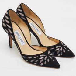 Pre Owned Jimmy Choo Black/Silver Suede and Glitters Pointed Pumps Size 37