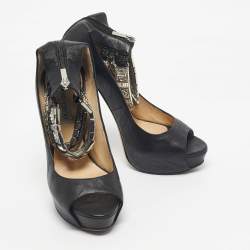 Pre Owned Jimmy Choo Black Leather Crystal Embellished Ankle Cuff Pumps Size 40