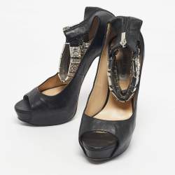 Pre Owned Jimmy Choo Black Leather Crystal Embellished Ankle Cuff Pumps Size 40