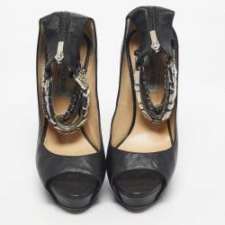 Pre Owned Jimmy Choo Black Leather Crystal Embellished Ankle Cuff Pumps Size 40
