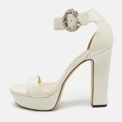 Pre Owned Jimmy Choo Cream Leather Crystal Embellished Ankle Strap Sandals Size 39