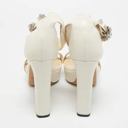 Pre Owned Jimmy Choo Cream Leather Crystal Embellished Ankle Strap Sandals Size 39