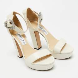 Pre Owned Jimmy Choo Cream Leather Crystal Embellished Ankle Strap Sandals Size 39