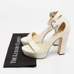 Pre Owned Jimmy Choo Cream Leather Crystal Embellished Ankle Strap Sandals Size 39