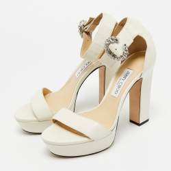 Pre Owned Jimmy Choo Cream Leather Crystal Embellished Ankle Strap Sandals Size 39