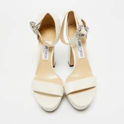 Pre Owned Jimmy Choo Cream Leather Crystal Embellished Ankle Strap Sandals Size 39