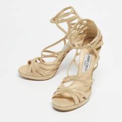 Pre Owned Jimmy Choo Light Gold Laminated Suede Strappy Sandals Size 39