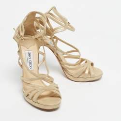 Pre Owned Jimmy Choo Light Gold Laminated Suede Strappy Sandals Size 39