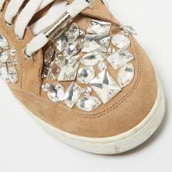 Pre Owned Jimmy Choo Beige Suede Miami Crystal Embellished Low Top Sneakers Size 38