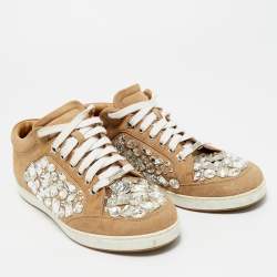 Pre Owned Jimmy Choo Beige Suede Miami Crystal Embellished Low Top Sneakers Size 38