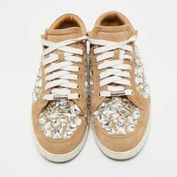 Pre Owned Jimmy Choo Beige Suede Miami Crystal Embellished Low Top Sneakers Size 38