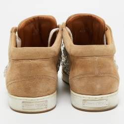 Pre Owned Jimmy Choo Beige Suede Miami Crystal Embellished Low Top Sneakers Size 38