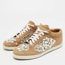 Pre Owned Jimmy Choo Beige Suede Miami Crystal Embellished Low Top Sneakers Size 38