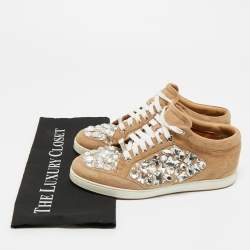 Pre Owned Jimmy Choo Beige Suede Miami Crystal Embellished Low Top Sneakers Size 38