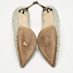 Pre Owned Jimmy Choo Metallic Silver Coarse Glitter Romy Pointed Toe Pumps Size 38.5