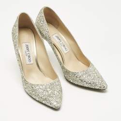 Pre Owned Jimmy Choo Metallic Silver Coarse Glitter Romy Pointed Toe Pumps Size 38.5