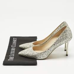 Pre Owned Jimmy Choo Metallic Silver Coarse Glitter Romy Pointed Toe Pumps Size 38.5