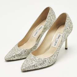 Pre Owned Jimmy Choo Metallic Silver Coarse Glitter Romy Pointed Toe Pumps Size 38.5