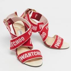 Pre Owned Jimmy Choo Red Canvas Bailey Ankle Wrap Sandals Size 38