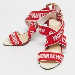 Pre Owned Jimmy Choo Red Canvas Bailey Ankle Wrap Sandals Size 38