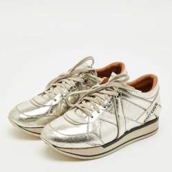 Pre Owned Jimmy Choo Gold  Croc Embossed Leather Miami Lace Up Sneakers Size 37.5