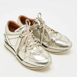 Pre Owned Jimmy Choo Gold  Croc Embossed Leather Miami Lace Up Sneakers Size 37.5