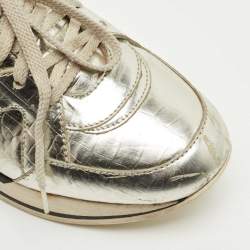 Pre Owned Jimmy Choo Gold  Croc Embossed Leather Miami Lace Up Sneakers Size 37.5