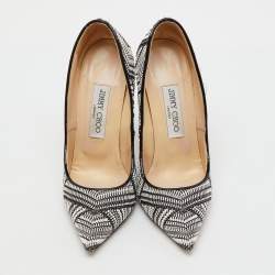 Pre Owned Jimmy Choo Black/White Geometric Print Woven Fabric and Patent Leather Abel Pumps Size 36.5