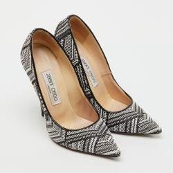 Pre Owned Jimmy Choo Black/White Geometric Print Woven Fabric and Patent Leather Abel Pumps Size 36.5