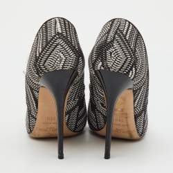Pre Owned Jimmy Choo Black/White Geometric Print Woven Fabric and Patent Leather Abel Pumps Size 36.5