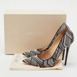 Pre Owned Jimmy Choo Black/White Geometric Print Woven Fabric and Patent Leather Abel Pumps Size 36.5