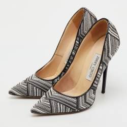 Pre Owned Jimmy Choo Black/White Geometric Print Woven Fabric and Patent Leather Abel Pumps Size 36.5