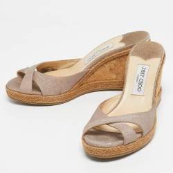 Pre Owned Jimmy Choo Beige Glitter Wedge Sandals Size 40