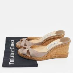 Pre Owned Jimmy Choo Beige Glitter Wedge Sandals Size 40