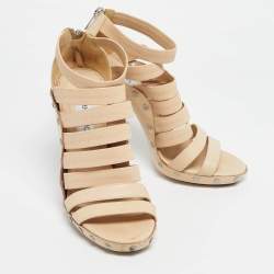 Pre Owned Jimmy Choo Beige Leather and Patent  Ankle Strap Sandals Size 37.5