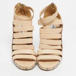 Pre Owned Jimmy Choo Beige Leather and Patent  Ankle Strap Sandals Size 37.5