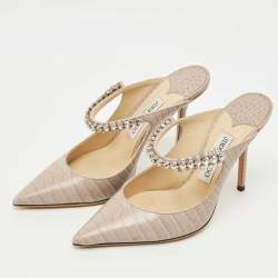 Pre Owned Jimmy Choo Grey Croc Embossed Leather Bing Mules Size 38.5