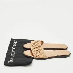 Pre Owned Jimmy Choo Beige Leather and Raffia Flat Slides Size 38